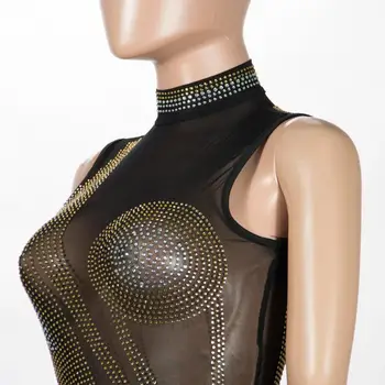 2020 Primăvară Diamante Negre Plasă De Perspectivă Mini-Rochie Pentru Femei Guler Rochie Bodycon Elegant Club De Noapte, Rochii De Petrecere