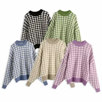 Nouă Femei Pulover Tricot Houndstooth mâneci Lungi Rotund gat Pulover Casual-pulover femme vetement ropa mujer