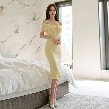 New sosire de moda pentru femei rochie coreea style temperament vara slash gât elegant sexy galben șifon subțire rochie de creion