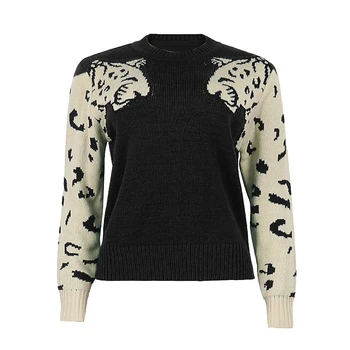 CHAMSGEND Femei Mozaic Leopard de Tricotat Pulover Casual, O-Neck Toamna Iarna Gros de Casmir Topuri Pulover Vrac 1001