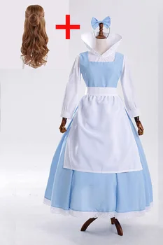 Frumoasa si ia Belle Maid Dress Menajera Cosplay Costum Femei Albastru Plin Rochii de Set ( Tricou + Rochie + Sort + Caciula +Peruci)