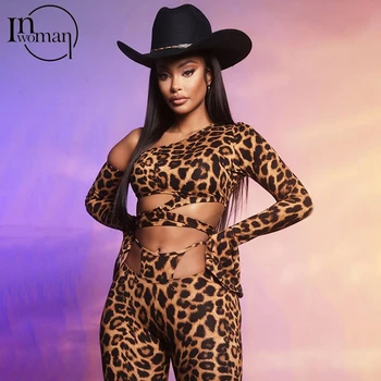 INWOMAN Leopard de Imprimare pe Un Umăr Crop Top 2 Două Piese Set Femei Bodycon Tinutele Doamnelor Clubwear Sexy Seturi de Potrivire de sex Feminin 2021
