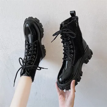 COOTELILI Femei Glezna Cizme de Iarna Cizme Cald 5 cm Toc Rotund Toe Fermoar Și Dantelă Neagră Platforma Pantofi de model Pentru Femeie de 35-40 de
