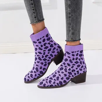 2020 Nou Cizme Scurte de Toamna Femei Leopard de Alunecare-Pe Glezna Cizme Incaltaminte Tocuri inalte Pantofi Pene Bota Feminina Pantofi pentru Femei
