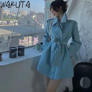 WAKUTA Coreea de Femei Toamna Iarna Dublu Rânduri Slim Haină de Lână Lung Doamnelor Elegante Brâurile Crestate Guler Palton Geaca Vintage