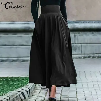 Vintage Maxi Fuste Celmia Femei 2021 Toamna Elegant Doamnelor Talie Mare Bandaj Jupe Casual Ciufulit Birou Doamnă Fermoar Faldas