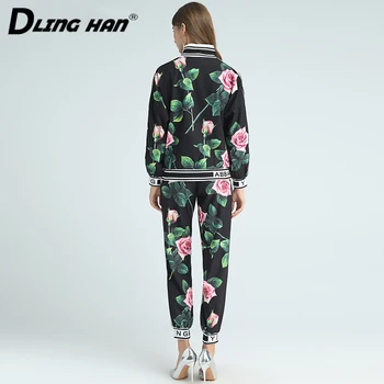 DLINGHAN Moda Rose Floral-Print Set Stand de Guler maneca Lunga strat de Top+Pantaloni Lungi set de Două piese de Designer de Toamna Femei Nou