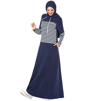 Moda Musulmană Cu Gluga Trening Rochie Lunga Pentru Femei Navy Stripe Long Sleeve Pocket Arabă Rochie Maxi Turcia Sport Haine Islamice
