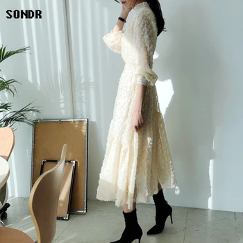 Coreean singură Bucată Elegant Dantelă Gât Rotund Doamnelor Rochie 2021 Primavara Toamna Femei Rochii a-Line Rochie Maxi Vestido De Mulher