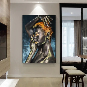 DDHH Arta de Perete Panza Pictura Grațios Aur Părul Negru Femeie De Pe Postere, Printuri Femeie din Africa de Artă Pentru Decor Acasă