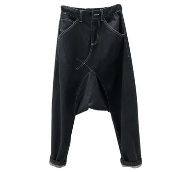 Bărbații japonezi Pantaloni Casual Lejere din Denim cu Fermoar Cusătură Agățat de pantaloni Harem Gotic Întuneric Owen Stil Oversize Streetwear Elastic